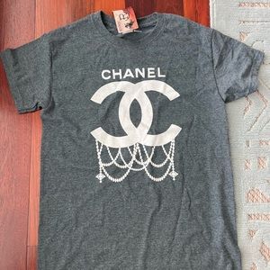 Faux Chanel grey shirt, pearls